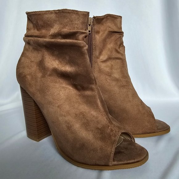 Taupe Suede Peep-Toe Slouch Bootie - Bella Marie - Picture 3 of 15